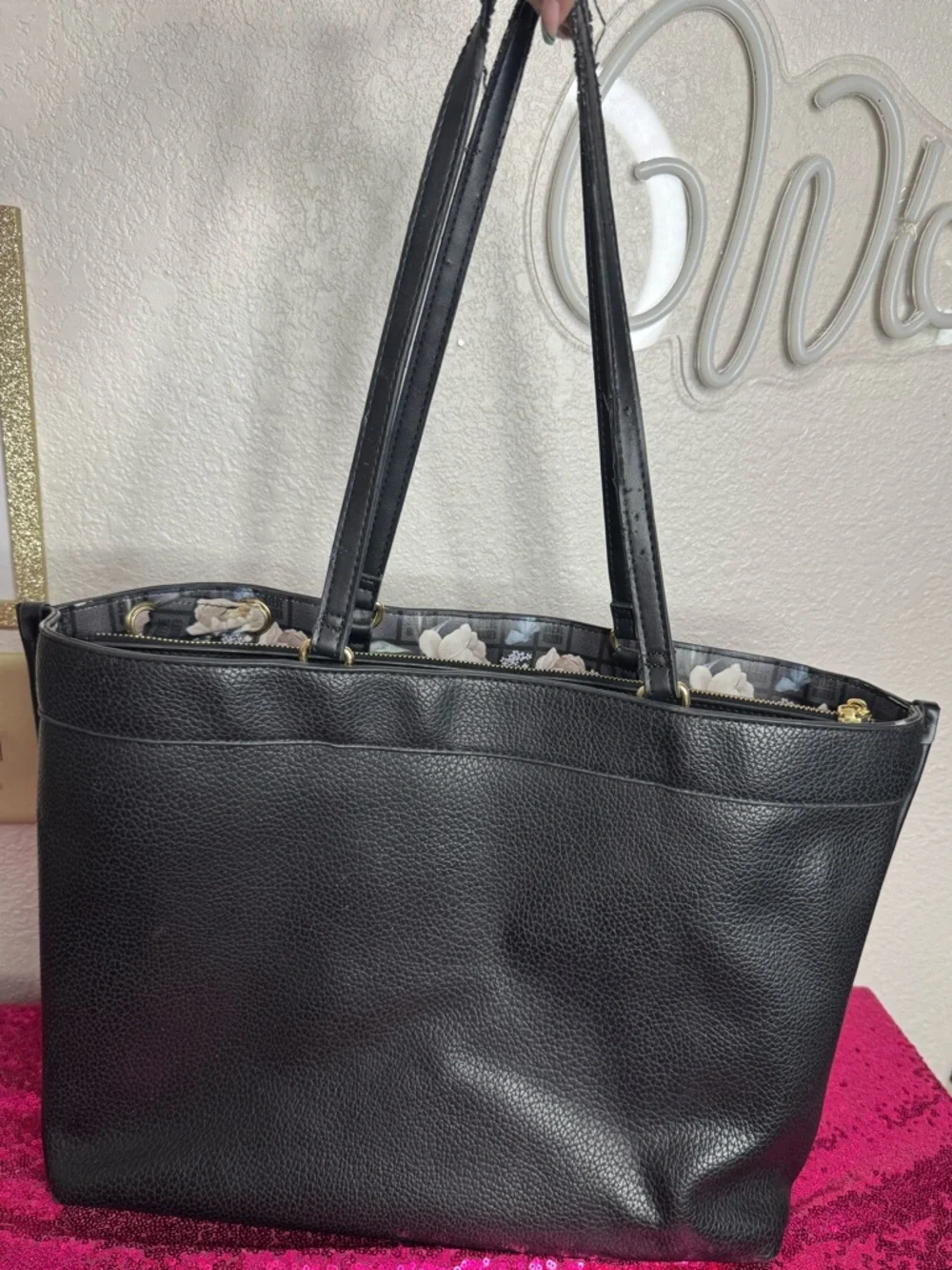 STEVE MADDEN 🪷 Pebbled Black Leather Large Laptop Tote, Floral Scarf Accent